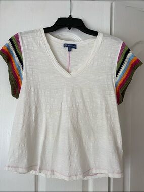 Democracy White V-Neck Tee with Rainbow Stripe Knit Sleeves